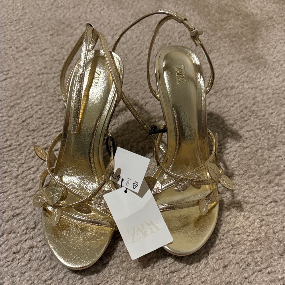 Zara Gold Leaf-Strap Satin Heel Sandals